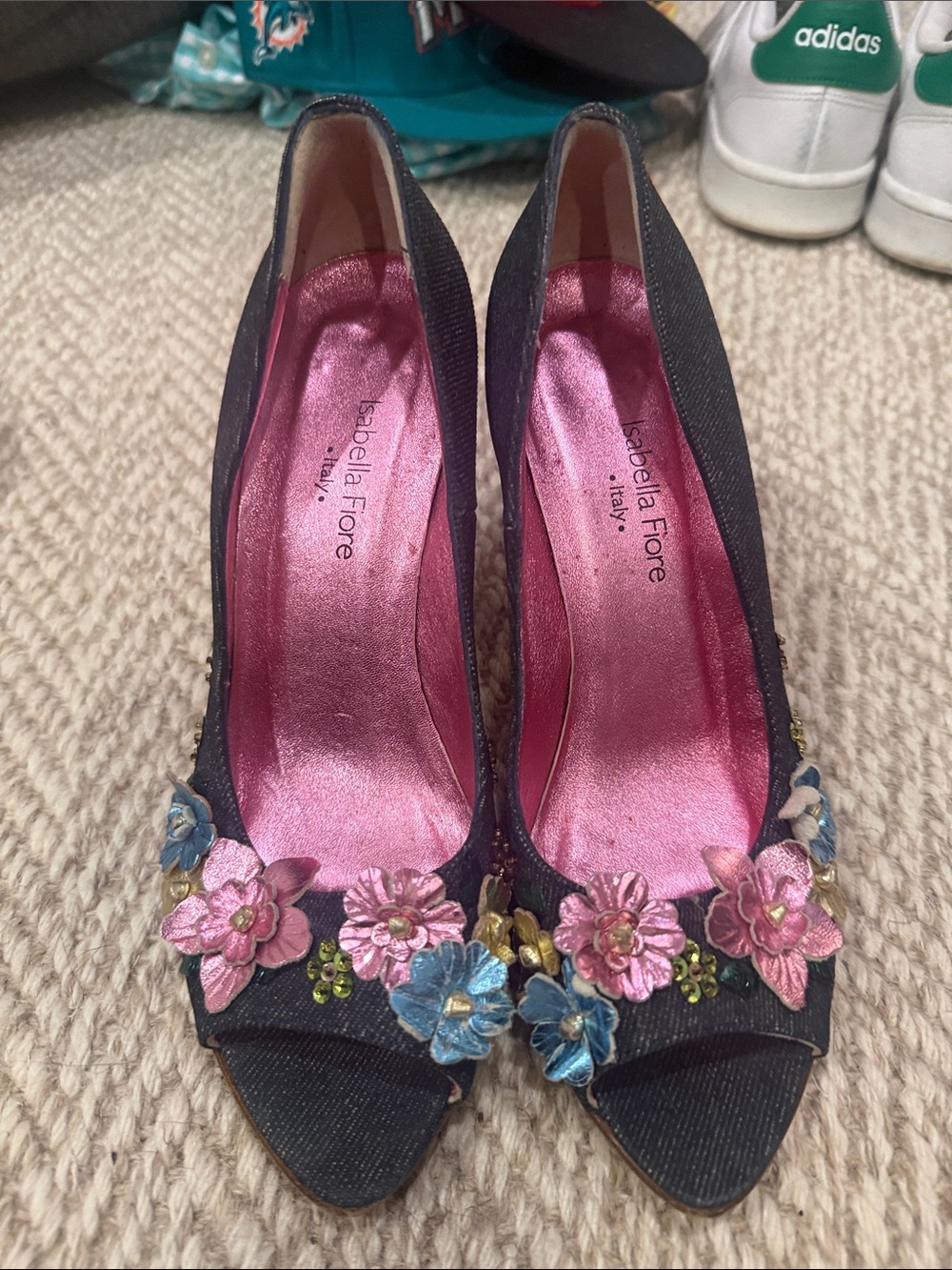 Isabella Fiore Navy Denim Peep-Toe Heels with Pink and Blue Floral Appliqués
